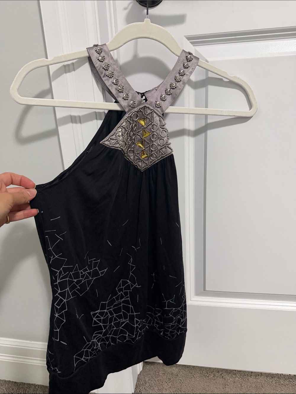 Guess by Marciano Black Halter Camisole with Gray Beaded Yoke and Yellow Accents